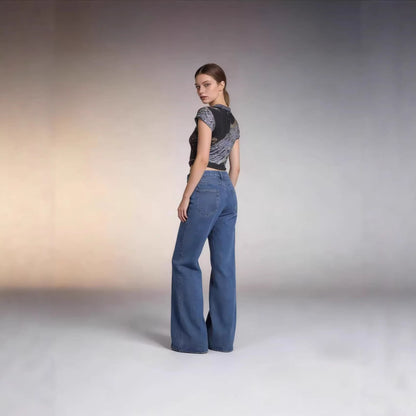 Damen Jeans Hoher Bund Weite Bein Faltenstoff