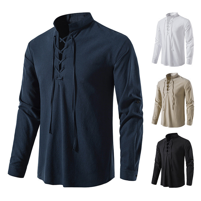 Herren Langarmhemd Schnürung Umschlagbar Modern Style