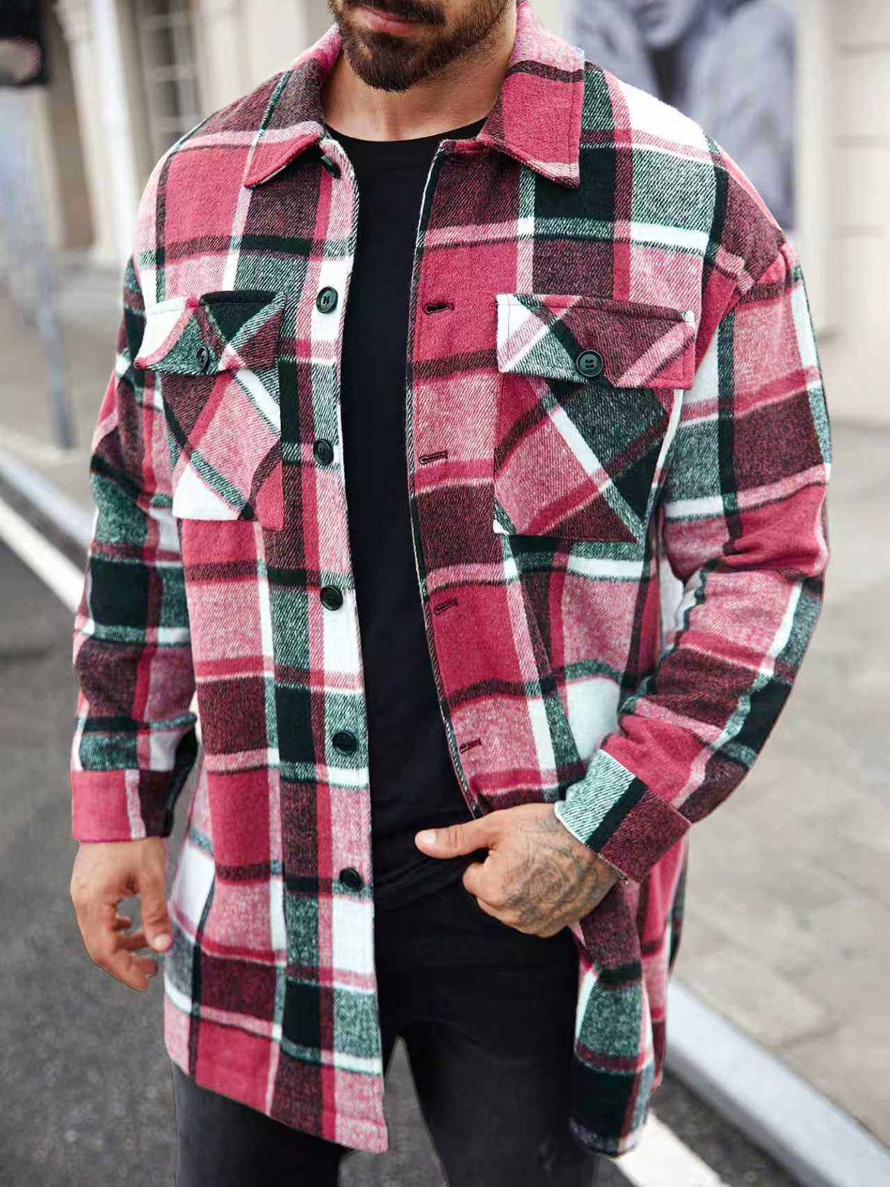 Herren Flanellhemd Jacke Karo Modern mit Taschen