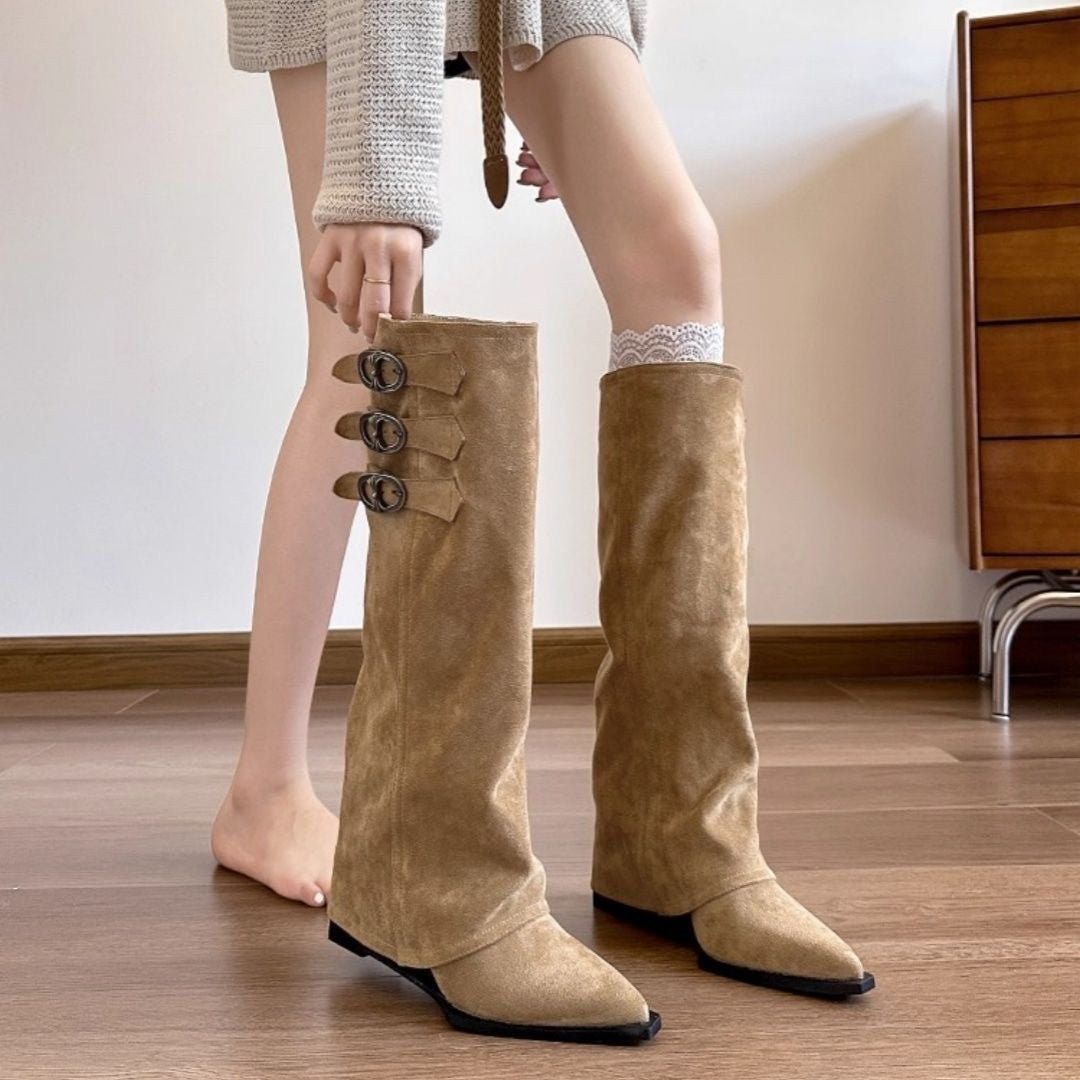 Damen Stiefel Überknie Schnalle Leder Schwarz Mode