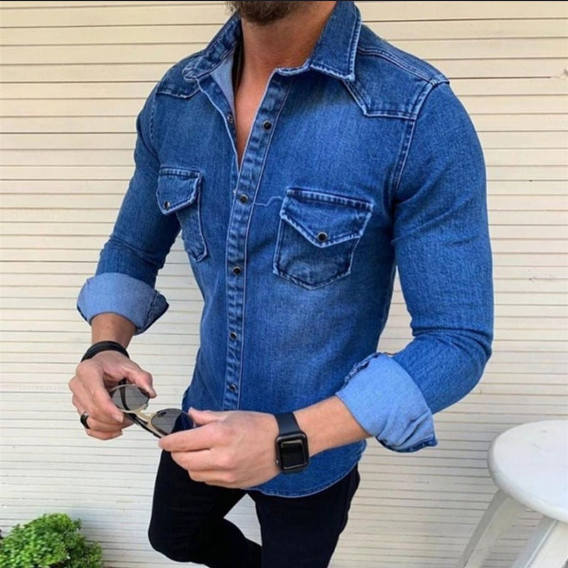 Herren Jeans Hemd Modern Slim Fit mit Brusttasche