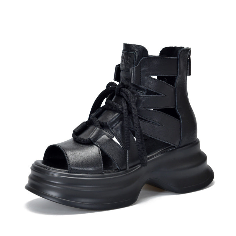 Damen Plateau Sandalen Höhle Leder Schnürsystem Modern