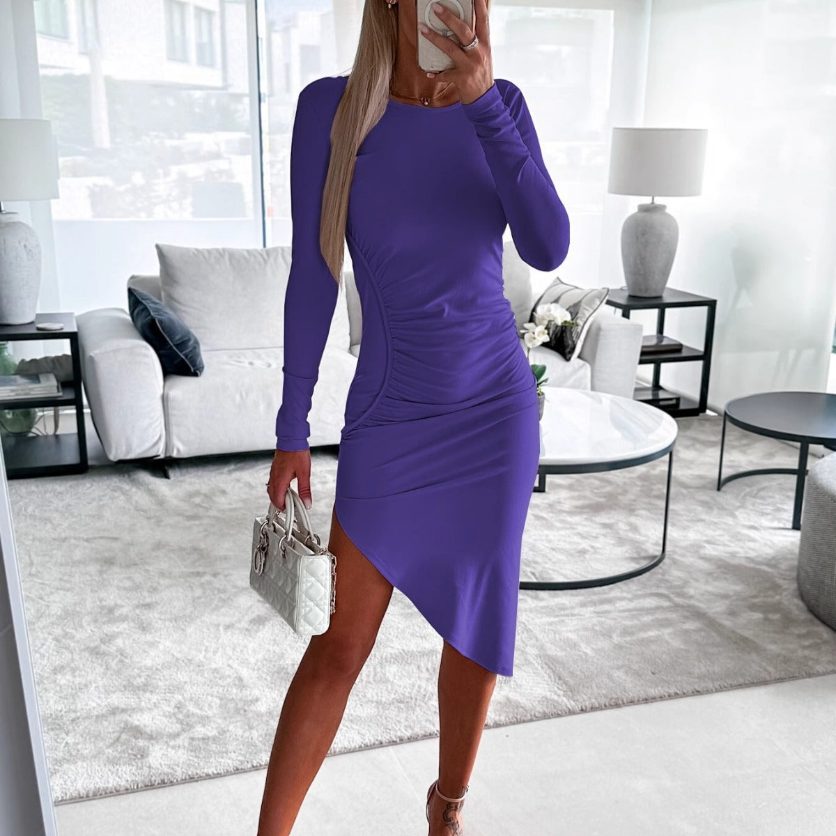 Damen Langarmkleid Figurbetont Asymmetrisch Elegant