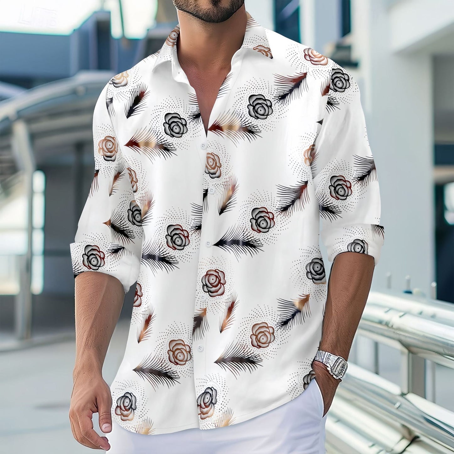 Herren Langarmshirt Blumenmuster Atmungsaktiv Modern
