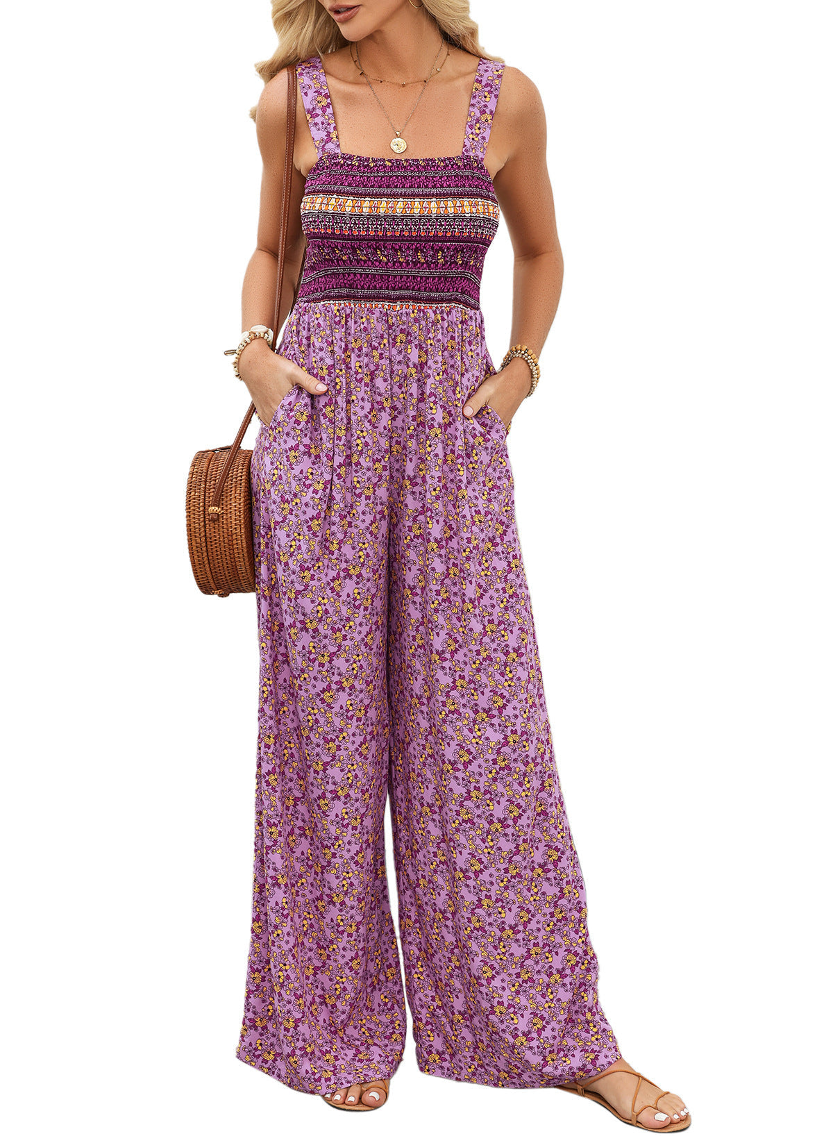Damen Jumpsuit Frühling Blumenmuster Weites Bein Elegant