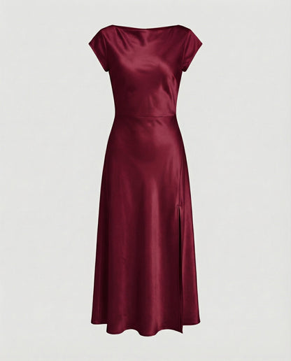 Damen Midikleid Satin Elegant mit Schlitz