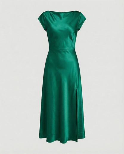Damen Midikleid Satin Elegant mit Schlitz
