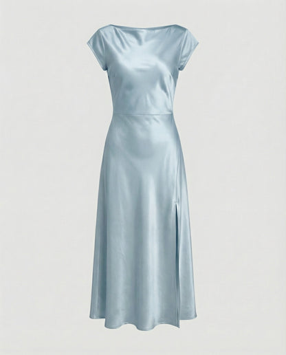 Damen Midikleid Satin Elegant mit Schlitz