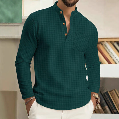 Herren Langarmshirt Stehkragen Modern Knöpfe Schwarz