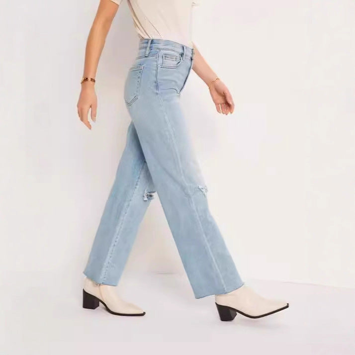 Damen High-Waist Jeans Destroyed Optik Weite Bein