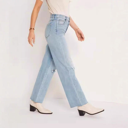 Damen High-Waist Jeans Destroyed Optik Weite Bein