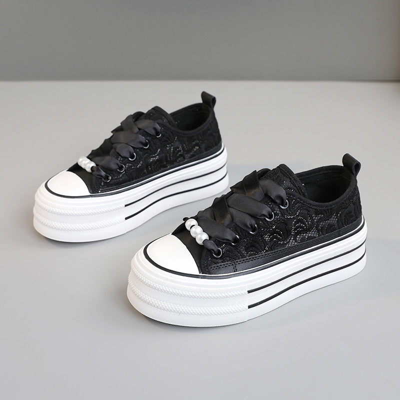 Damen Plateausneaker Elegantes Design Spitze Schwarz