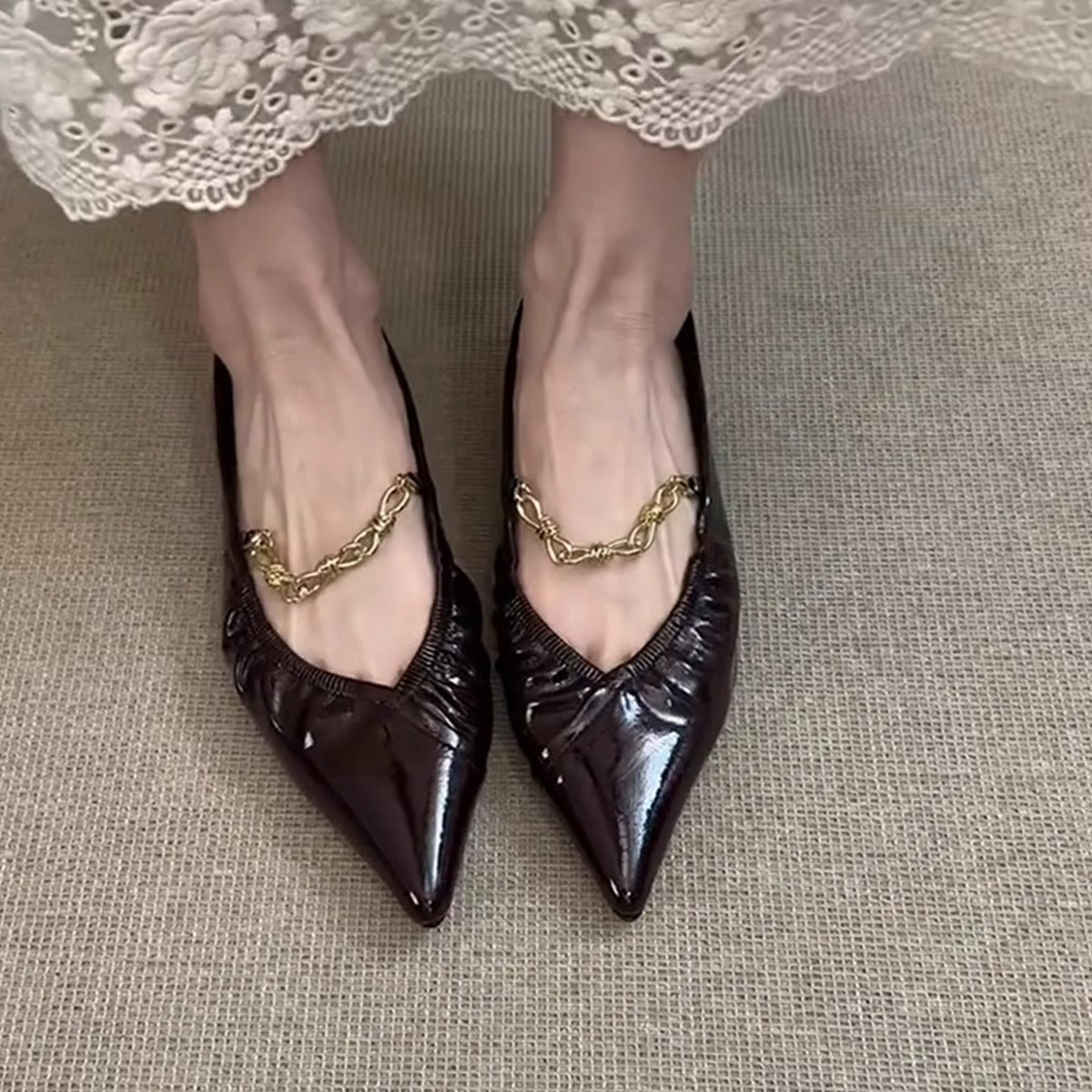 Damen Ballerinas Glanz Elegante Kettendekoration