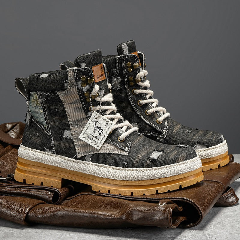 Damen Stiefel High-Top Sport Boots robust Denim Schwarz - BerlinGlamour