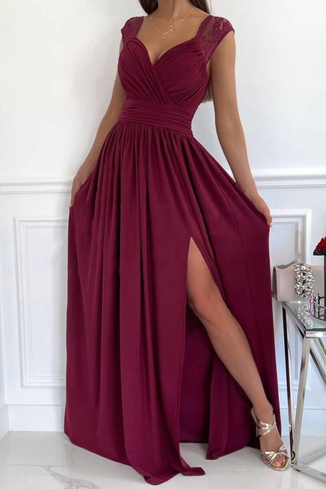 Elegantes Abendkleid Damen V-Ausschnitt Rüschen Schwarz