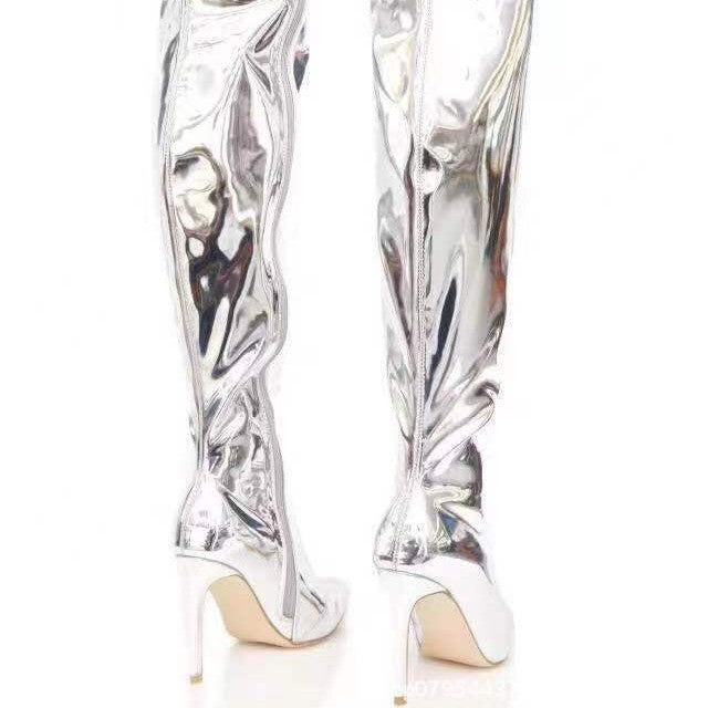 Damen Overknee Stiefel Glänzend Stiletto Hochhackig Elegant