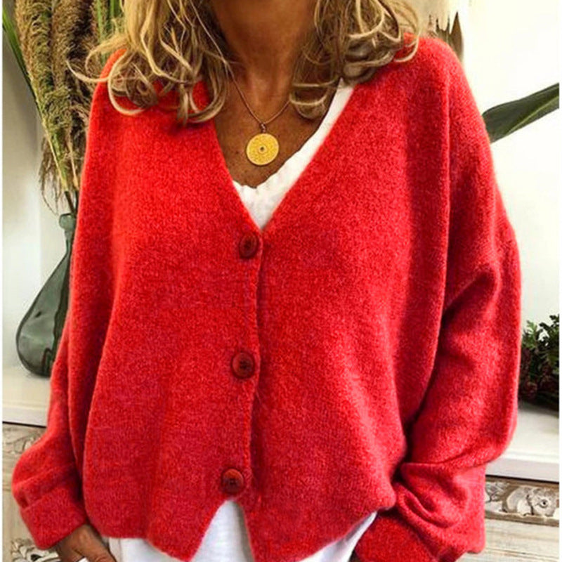 Damen Strickcardigan Lässig V-Ausschnitt Große Knöpfe