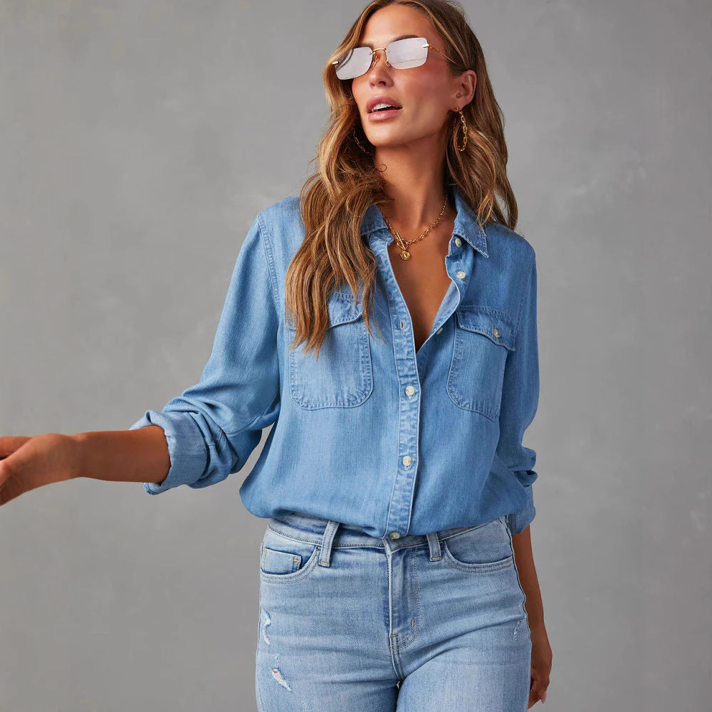 Damen Denim Hemd Umschlagbare Ärmel Zwei Taschen Modern