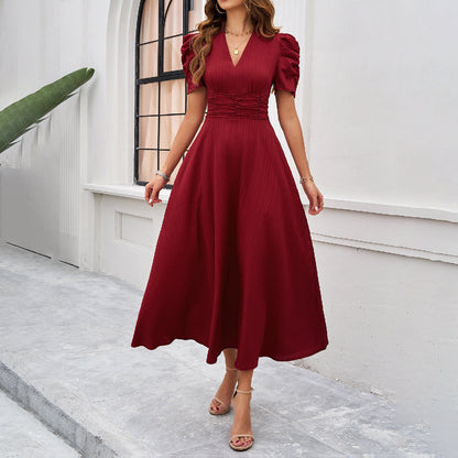 Damen Kleid Midi V-Ausschnitt Puffärmel Elegant