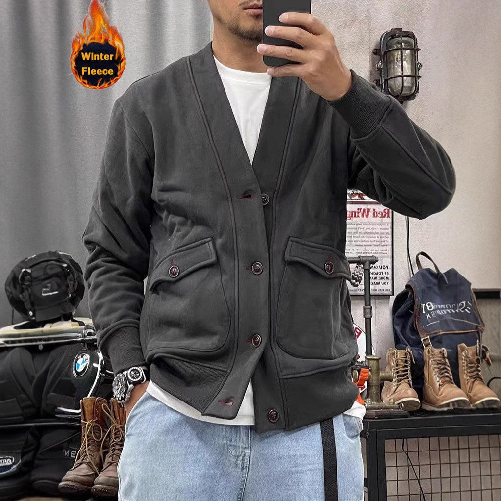 Herren Fleece-Cardigan Warm mit Knöpfen und Taschen