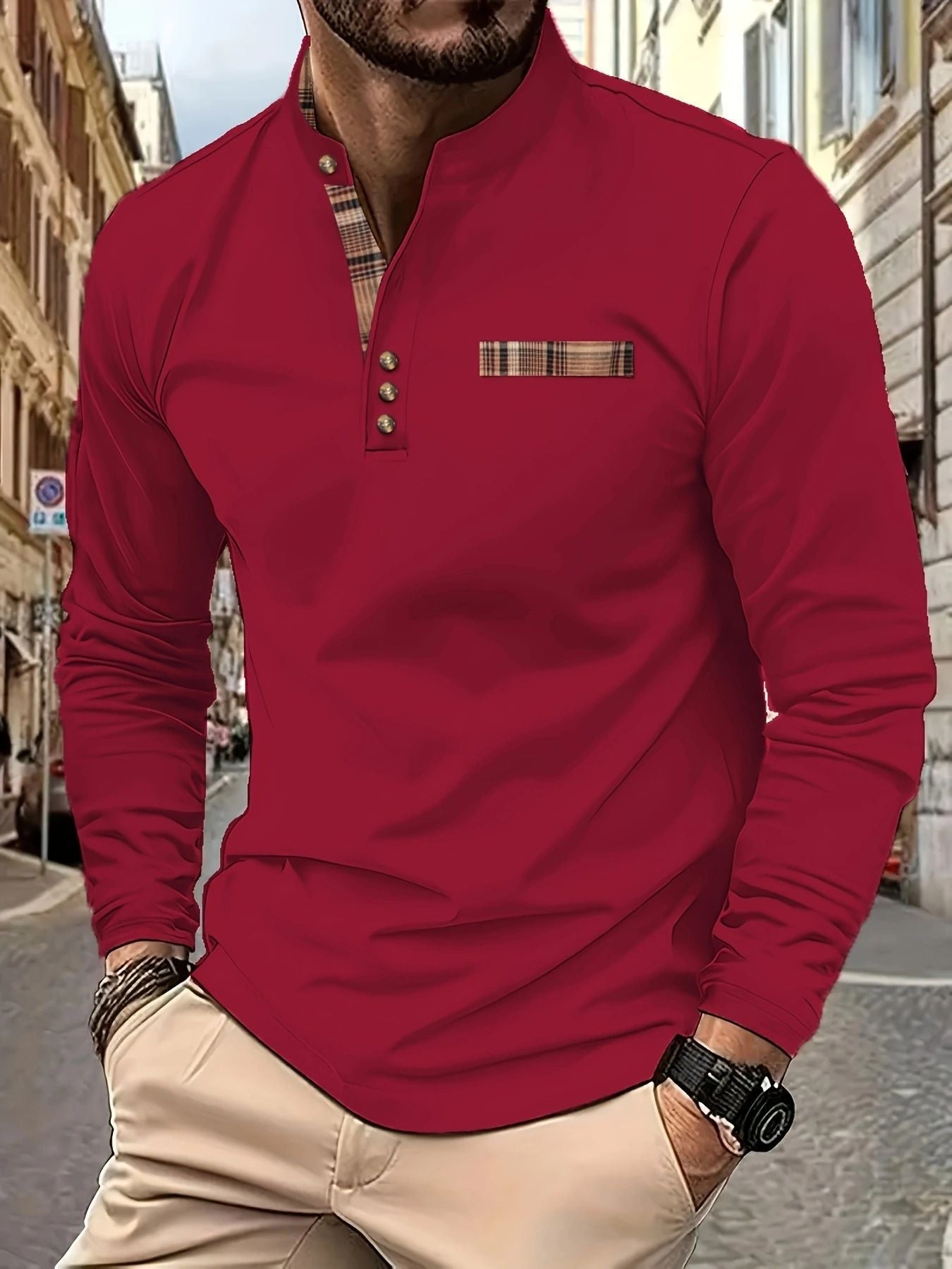 Herren Poloshirt Langarm Karomuster Modern