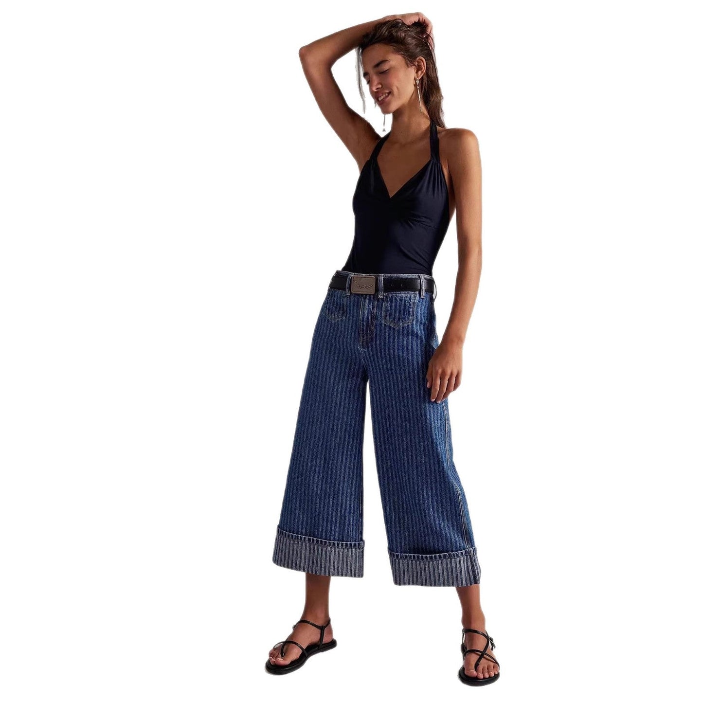 Damen Jeans Weite Bein mit Streifen Nähte