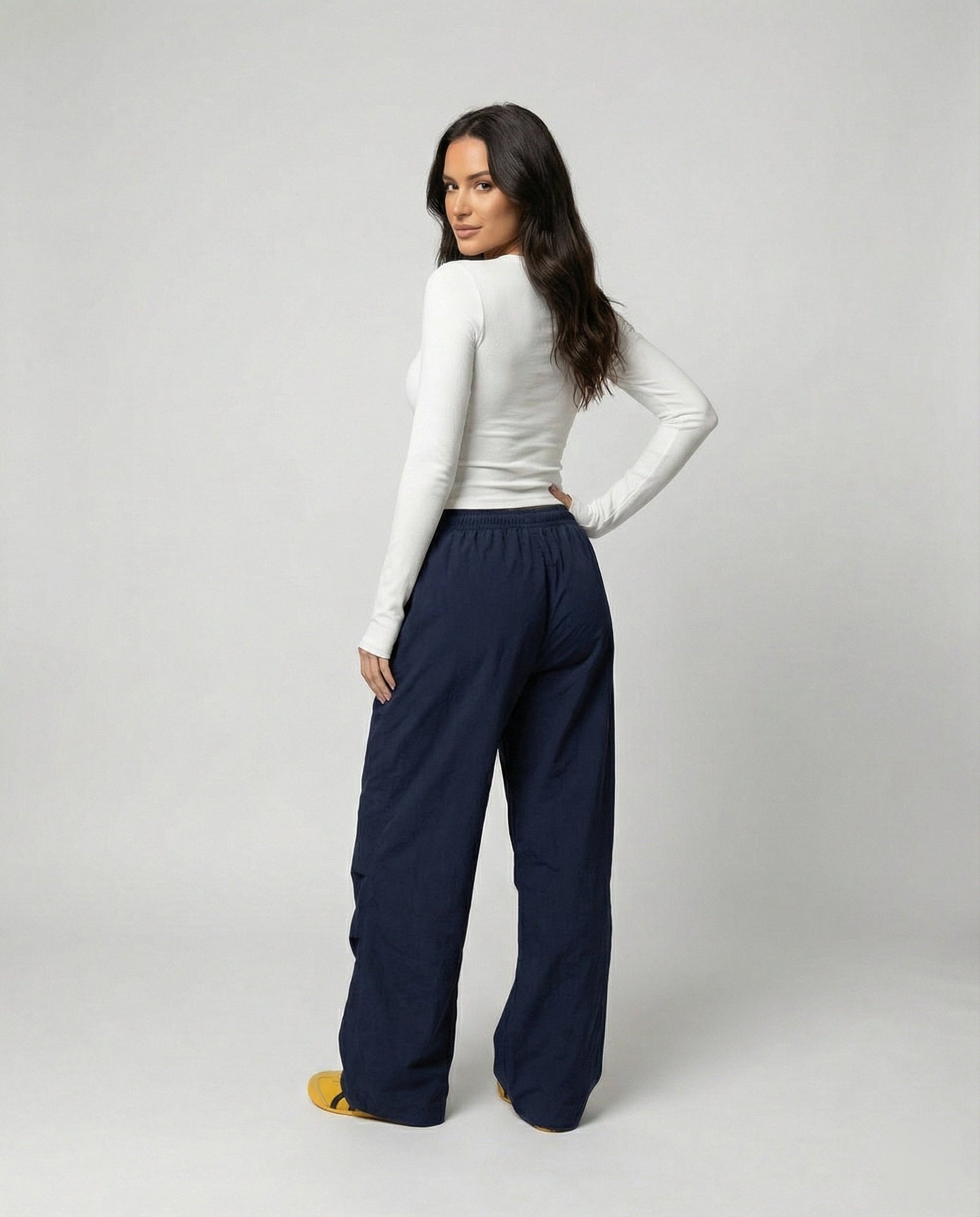 Damen Hose Weite Bein mit Elastik und Seitennaht Lang