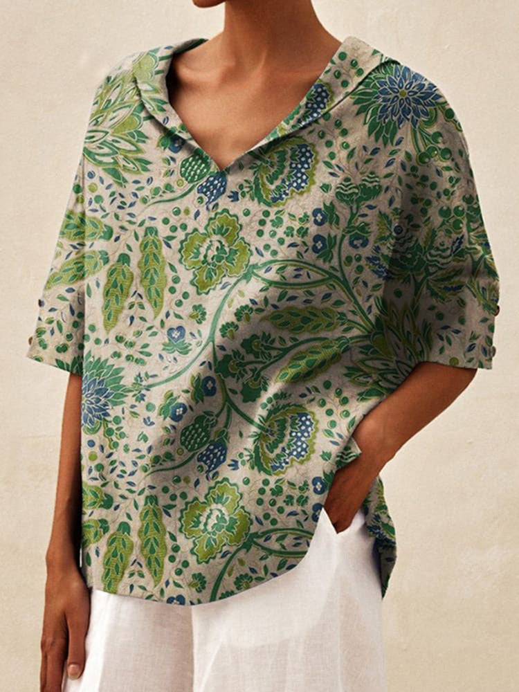 Damen Bluse Modern mit Blumenmuster und V-Ausschnitt