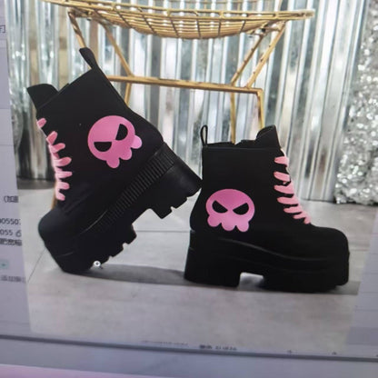 Damen Stiefel Combat Boots Totenkopf Design Schwarz