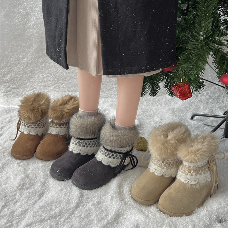 Damen Winterboots Flauschig Warm mit Fellkragen und Schnürsystem
