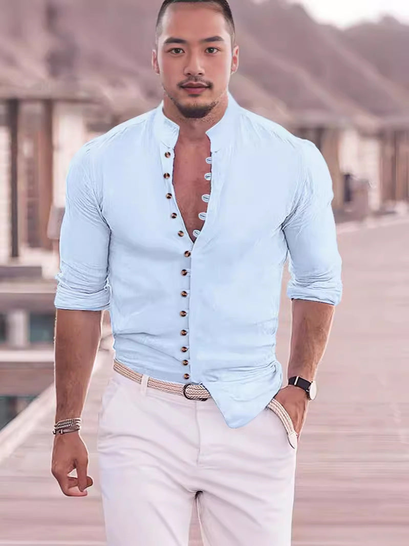 Herren Langarmhemd Modern mit Knopfleiste Stehkragen