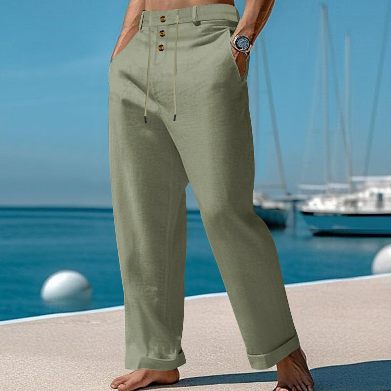 Herren Leinenhose Lässig Bequem mit Kordelzug und Taschen