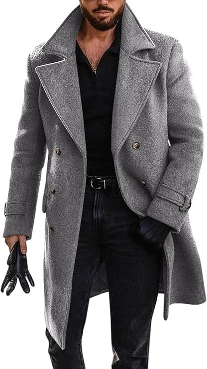 Herren Langmantel Eleganter Doppelknopf Schwarz