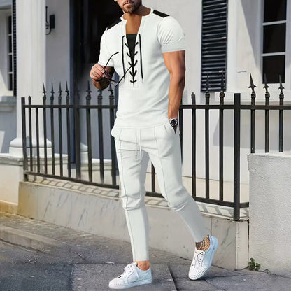 Herren T-Shirt Kurzarm Modern mit Schnürung und Struktur - BerlinGlamour
