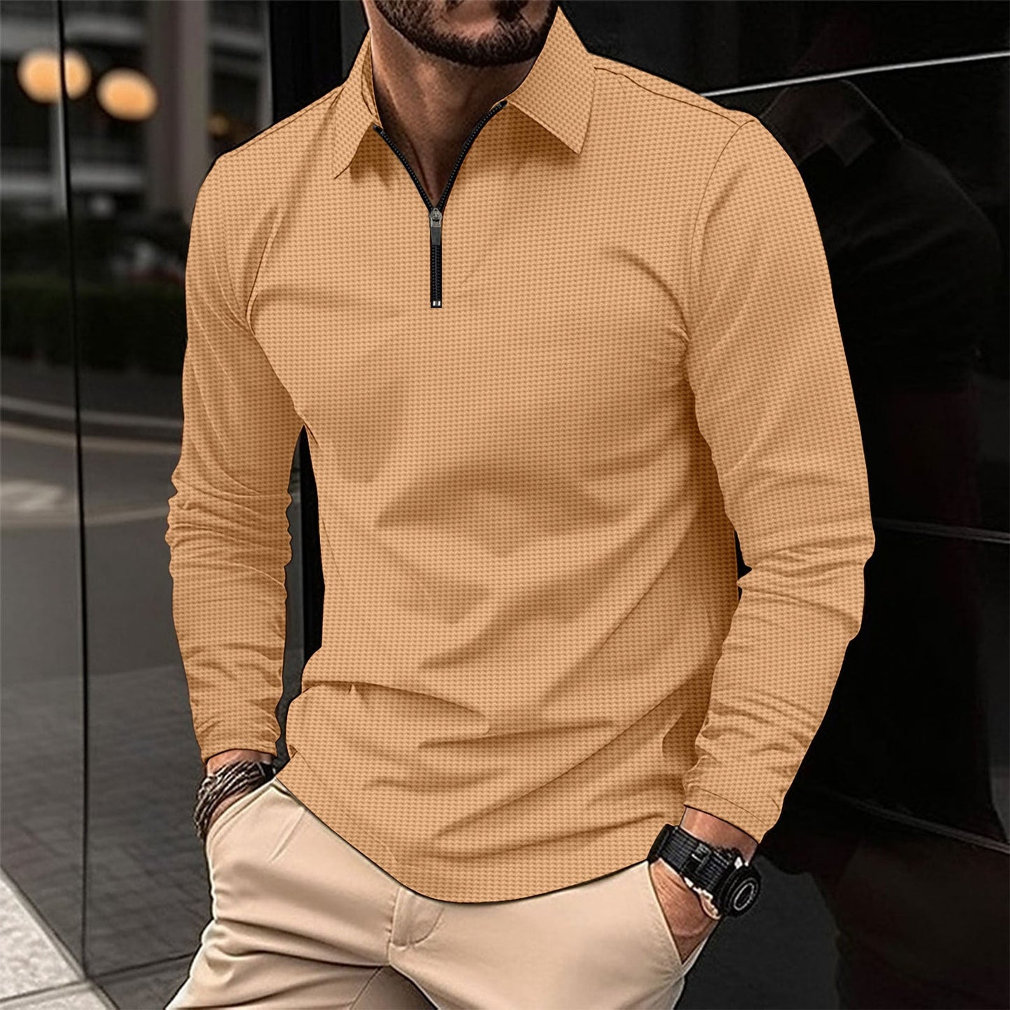 Herren Langarmshirt Elegant Reißverschluss Strukturiert Modern