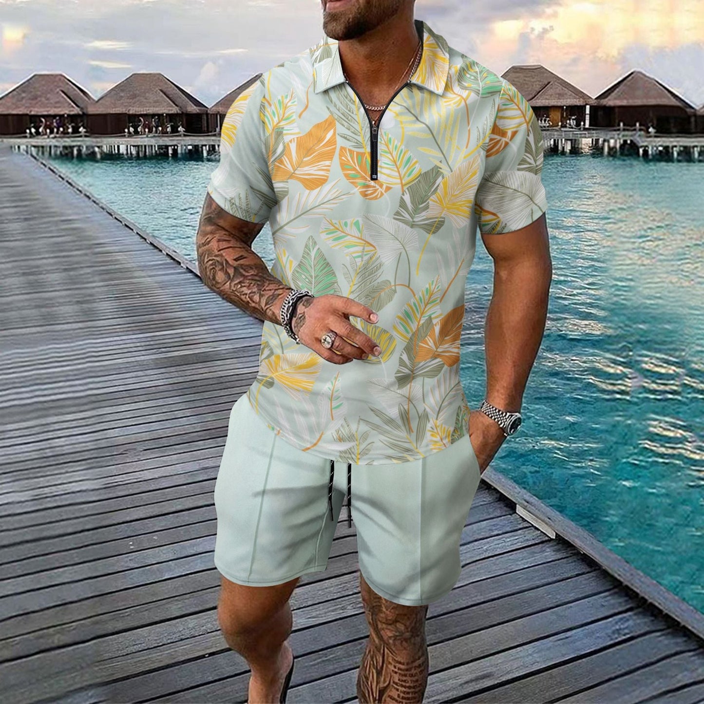 Herren Kurzarmhemd Modern mit Blumenmuster und Reißverschluss