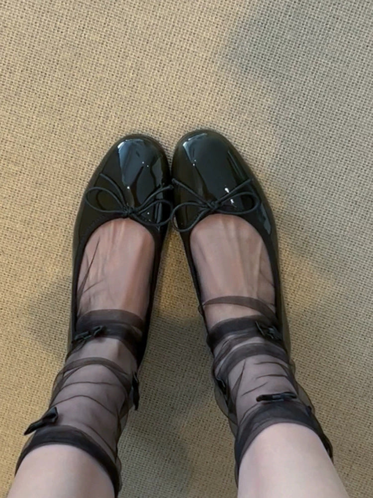 Damen Ballerinas Glänzend Schnürung Elegante Mode