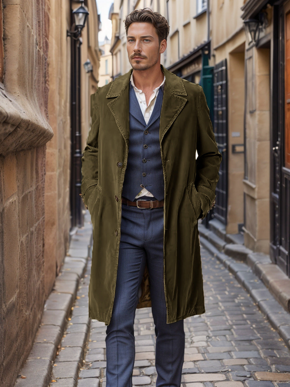Herren Trenchcoat Elegant Langschwarz Wasserabweisend