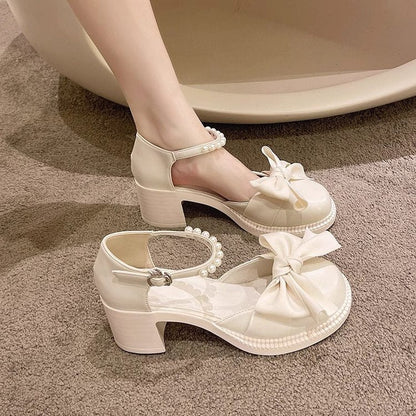 Damen Sandalen Schleifen Perlenriemen Elegante Sommermode