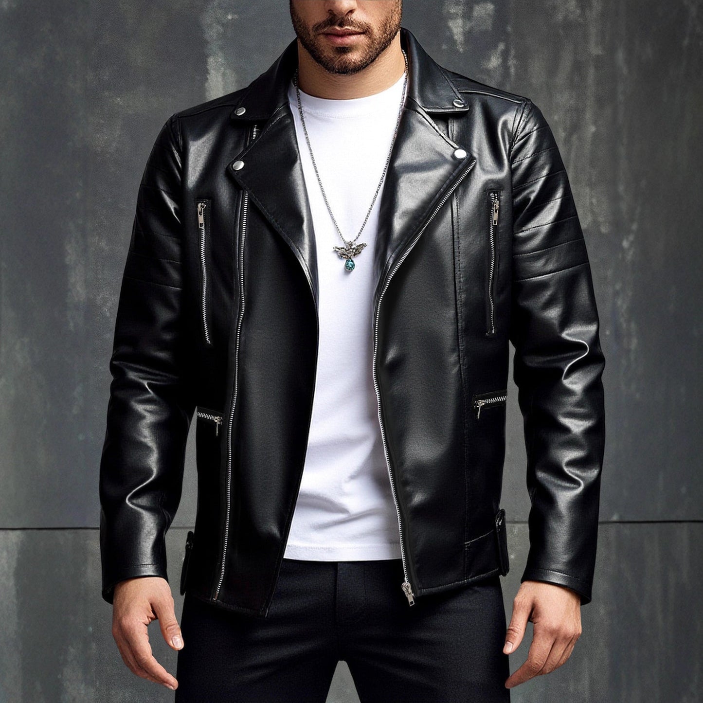 Lederjacke Herren Biker Stil Asymmetrisch Reißverschluss - BerlinGlamour
