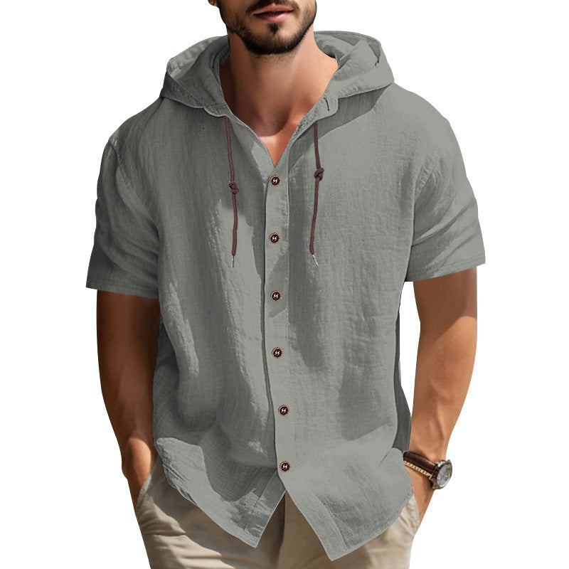 Herren Kapuzenhemd Kurzarm Holzknöpfe Streetwear