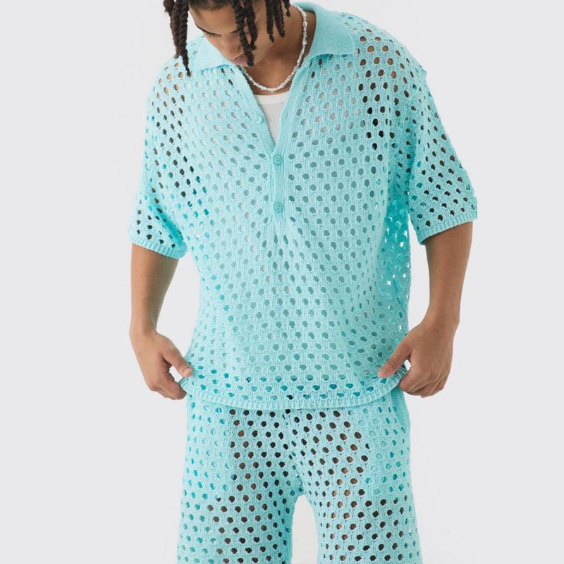 Herren Netzshirt Leicht Kragen Knopfverschluss Sommer - BerlinGlamour