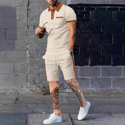 Herren Poloshirt Shorts Set Kontrastdesign Modern Sportlich