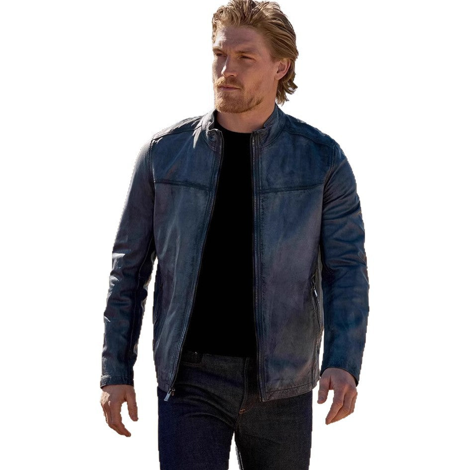 Lederjacke Herren Biker-Stil Modern Stehkragen Schwarz
