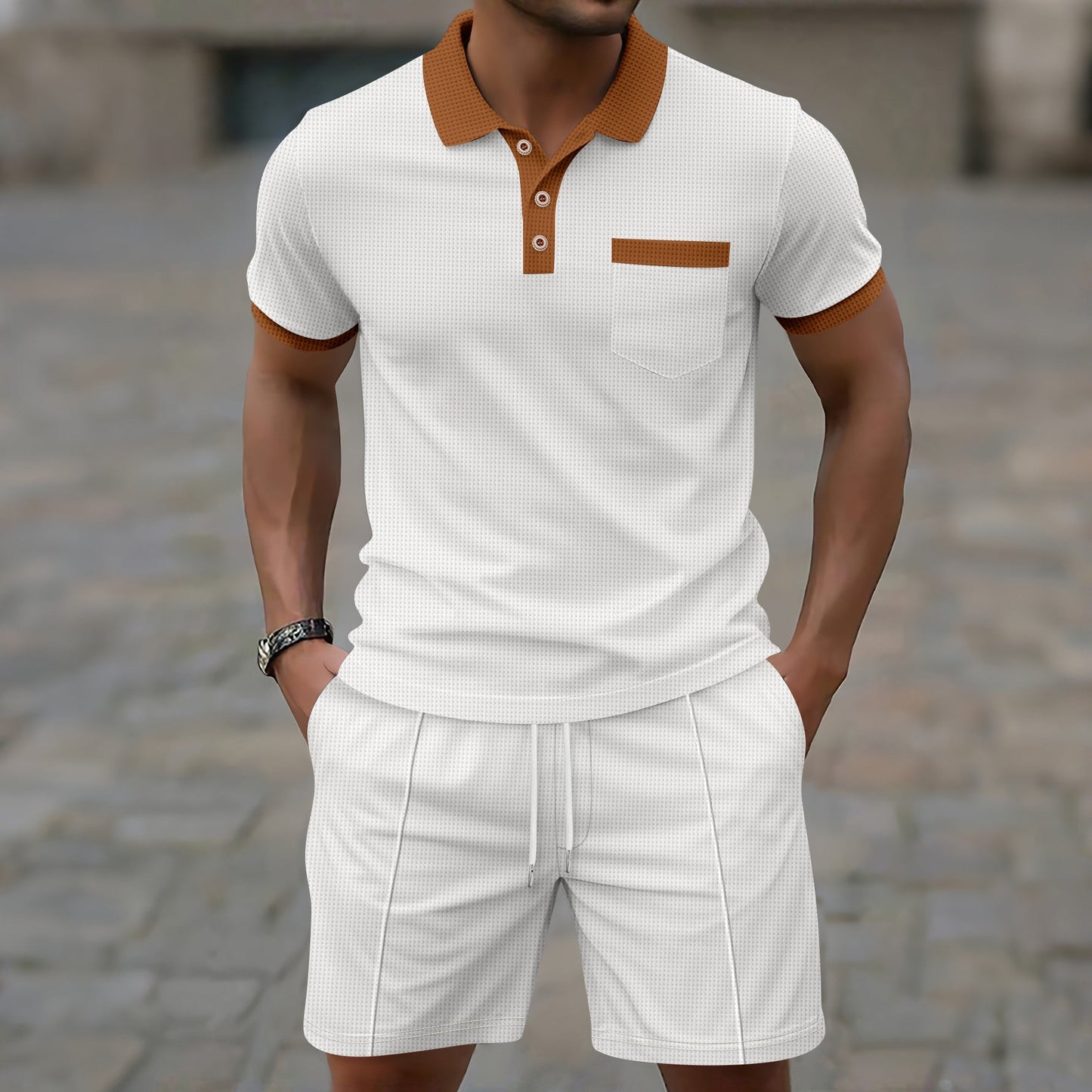 Herren Sportset Freizeit Outfit mit Kontrastkragen und Taschen