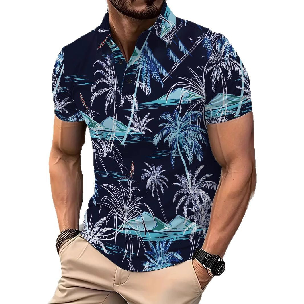 Herren Poloshirt Palmenmuster Atmungsaktiv Baumwolle