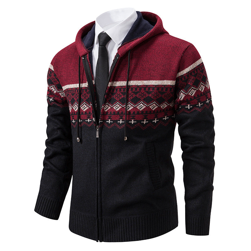 Herren Strickjacke Kapuze Jacquard Muster Modern - BerlinGlamour