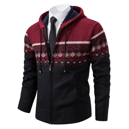 Herren Strickjacke Kapuze Jacquard Muster Modern - BerlinGlamour