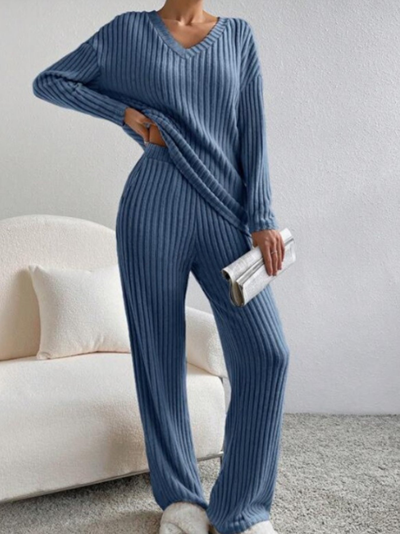 Damen Strickset Zweiteiler V-Ausschnitt Weit
