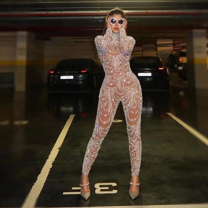 Pailletten Jumpsuit Figurbetont Durchscheinend Partykleid